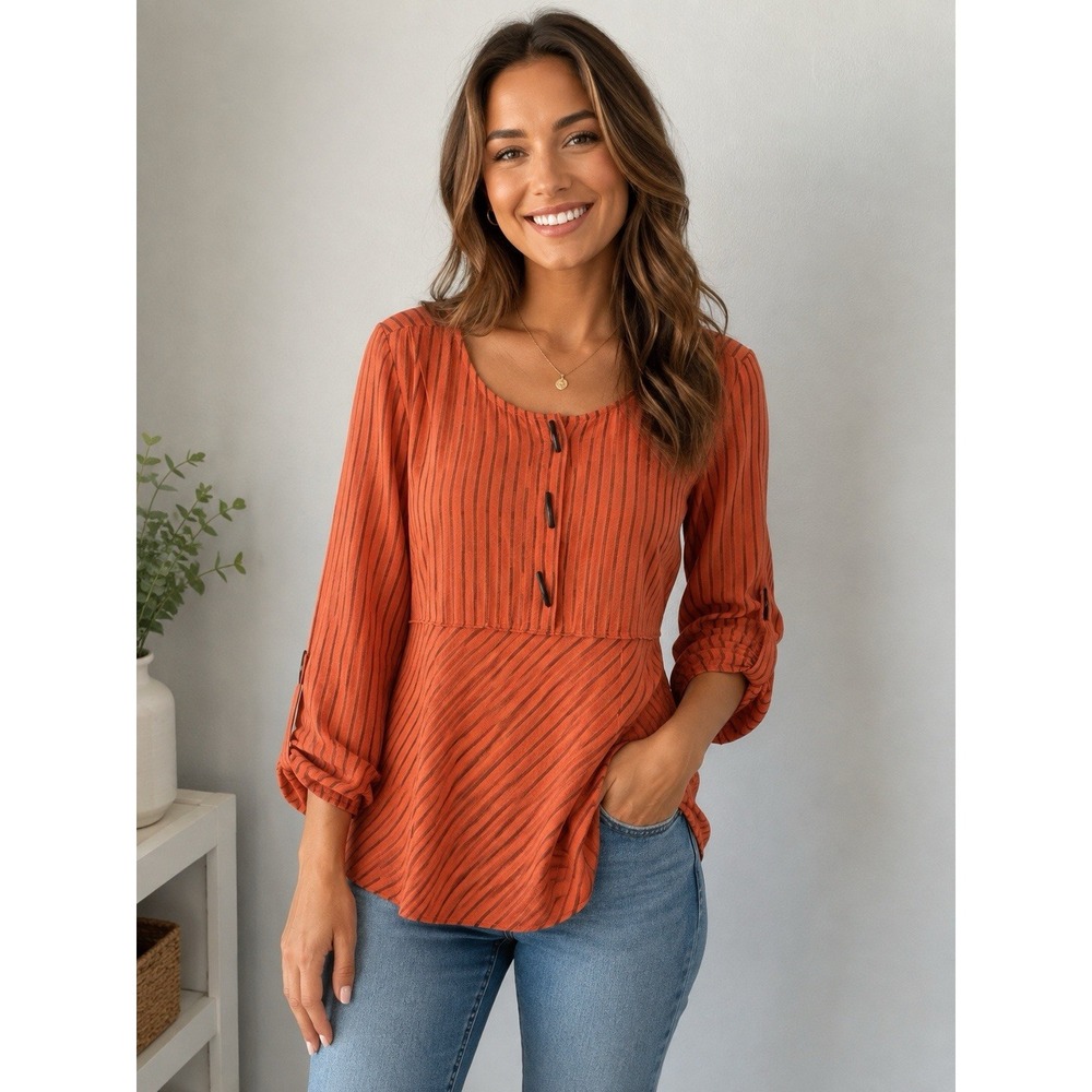Ali Miles Tunic Top S Orange Black Striped Crinkle Boho Art to Wear Blouse -3486